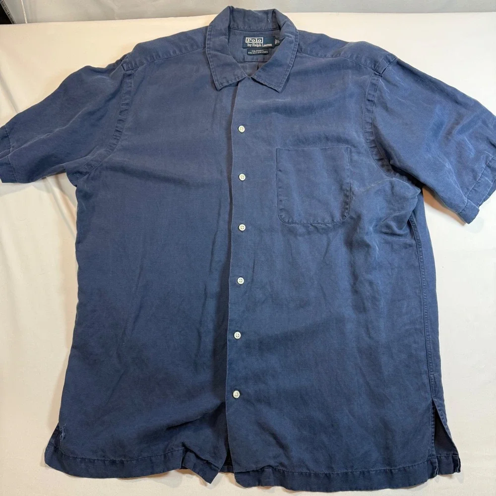 Polo Ralph Lauren Caldwell Shirt Mens Large Navy Blue Silk Linen Short Sleeve